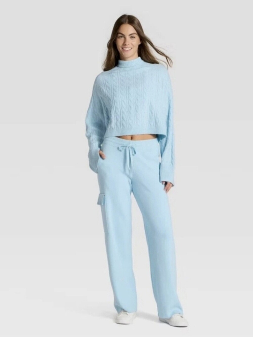 JoyLab Womens High-Rise Knit Cargo Wide Leg Pants in Cool Blue - Picture 2 of 11